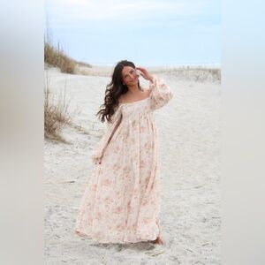 Boho Cream Floral Maxi Dress Romantic Cottagecore Long Sleeve Flowy Square Neck